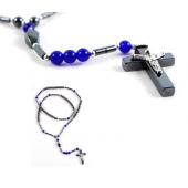 Blue Cat's Eye Opal Beads Hematite Cross Pendant Rosary Necklace Jewelry